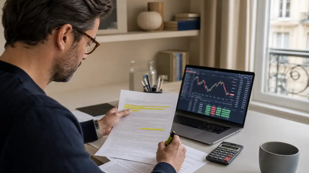 Trader surlignant des clauses de frais overnight sur des conditions de courtier, portable affichant une interface CFD