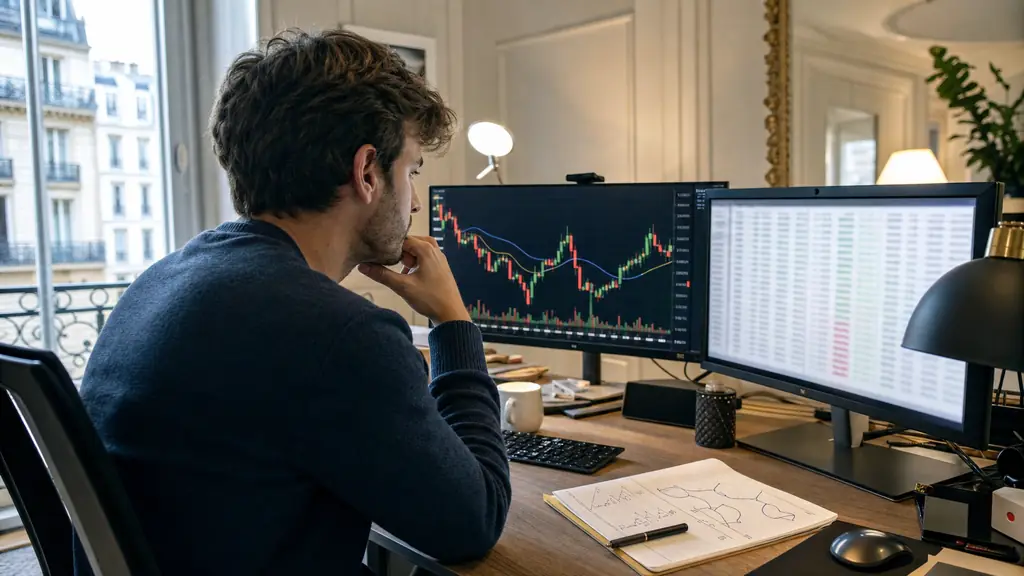 Trader comparant un graphique en chandeliers et un backtest sur tableur, note de moyenne mobile 50, stop loss et slippage