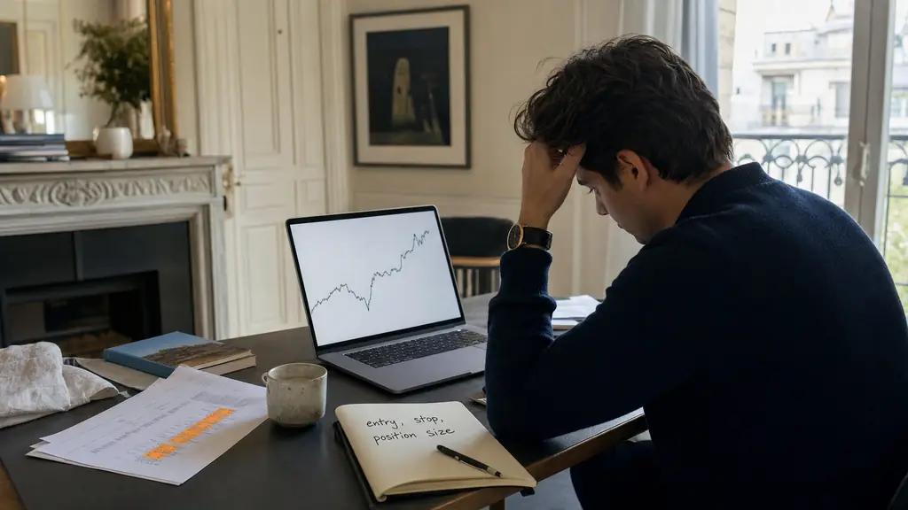 Trader rentré du travail devant une courbe de backtest simple et une fiche de challenge aux limites de perte surlignées