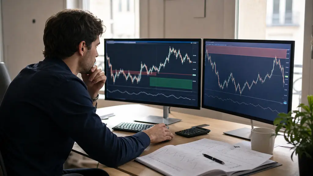 Trader forex suivant deux phases d'évaluation sur deux écrans, ajustant un stop-loss, journal de risque et calculatrice
