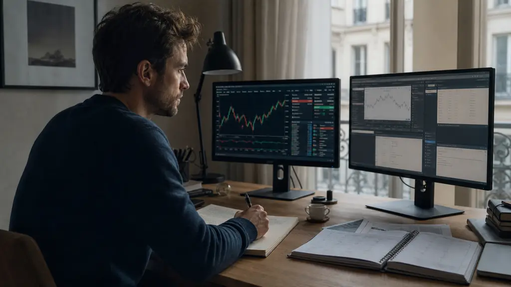 Trader comparant les interfaces MetaTrader et cTrader sur deux écrans, position overnight sur indice et calendrier