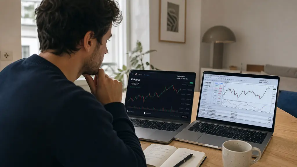 Trader particulier comparant XTB xStation et MetaTrader sur deux portables, cotation EUR/USD et solde de démo