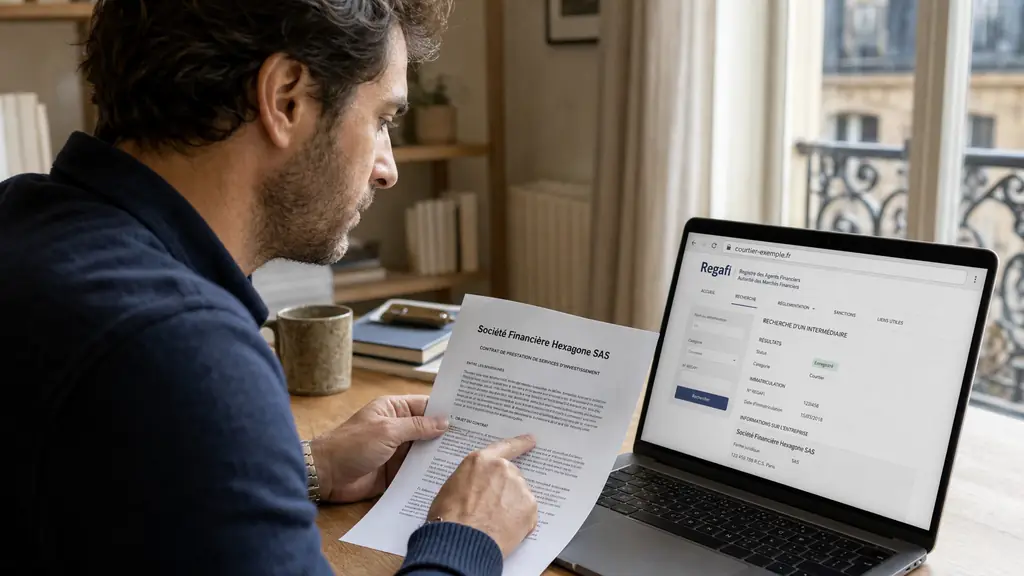 Trader comparant un contrat de courtier au registre REGAFI sur portable, en vérifiant le domaine dans la barre d'adresse