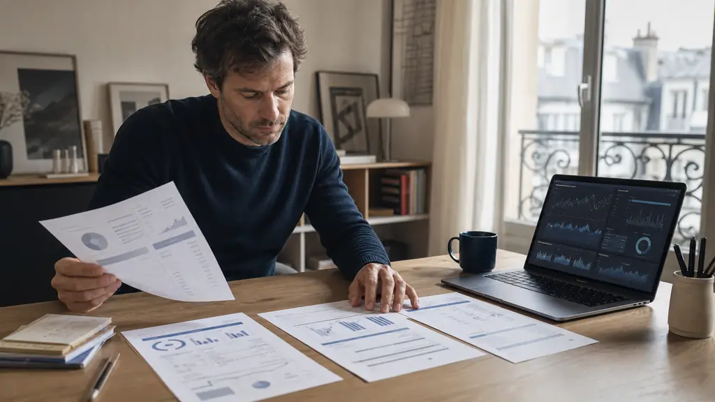 Investisseur comparant un relevé de compte PEA, une plateforme de cinquante marchés et trois grilles de frais de courtiers