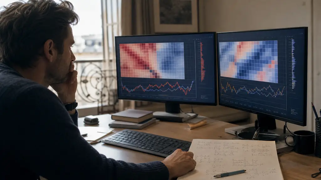 Gros plan d'un trader comparant une matrice de corrélation EUR/USD et GBP/USD sur deux écrans, calcul d'exposition noté