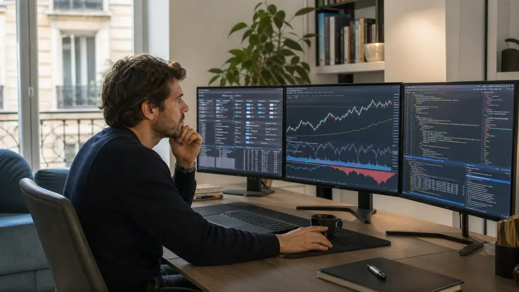 Trois écrans de trader : réglages d'un expert advisor MetaTrader 4, backtest ProRealTime et code d'API