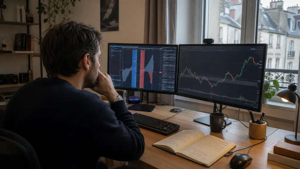 Trader sur deux écrans comparant une échelle de futures CME sous NinjaTrader et un graphique Forex sous MetaTrader 5