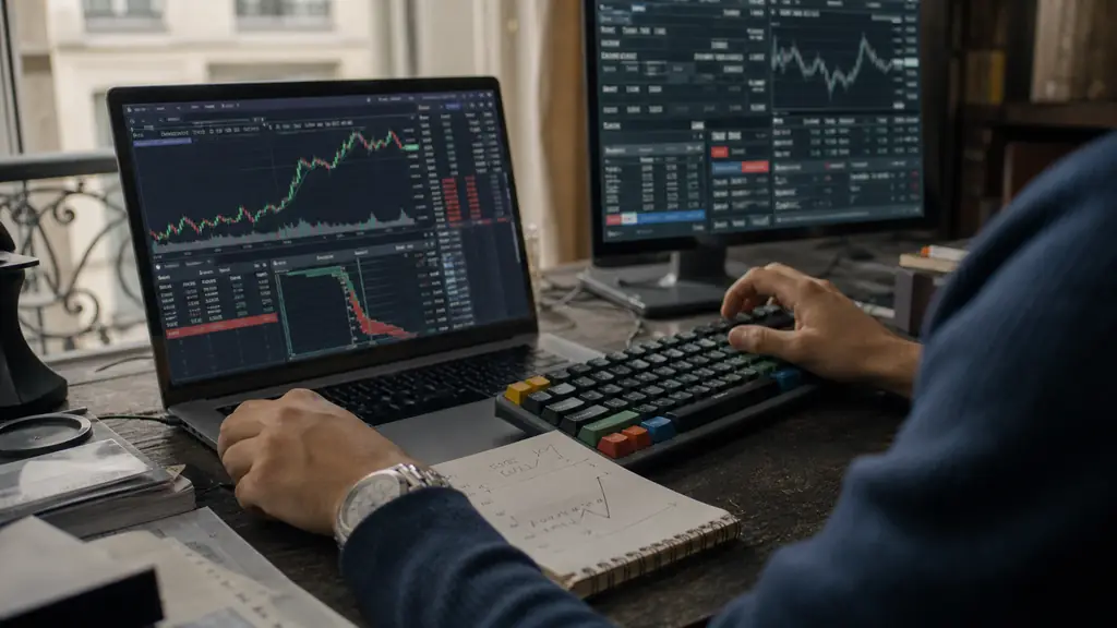 Trader de futures testant des raccourcis d'ordres NinjaTrader près d'un portable affichant MetaTrader 5