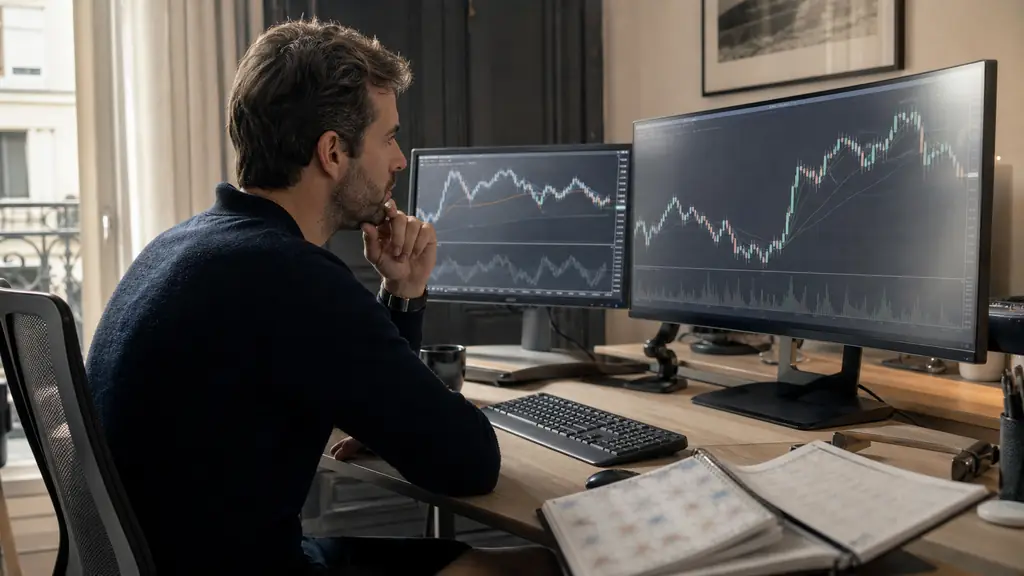 Trader comparant des graphiques Forex et d'indices sur deux écrans, calendrier de payouts et notes de risque au clavier