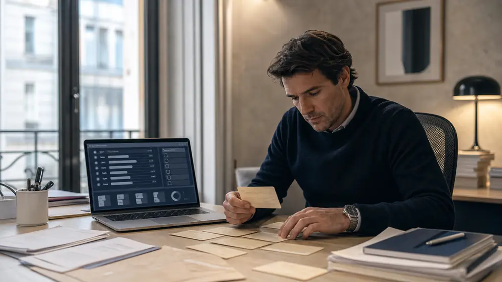 Trader examinant des fiches d'avis datées près d'un dashboard de classement et d'une checklist KYC sur portable