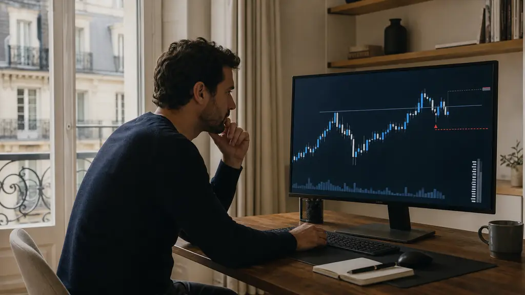 Swing trader suivant un graphique Forex avec cassure, retest et repli, stop-loss et jauge de marge à l'écran