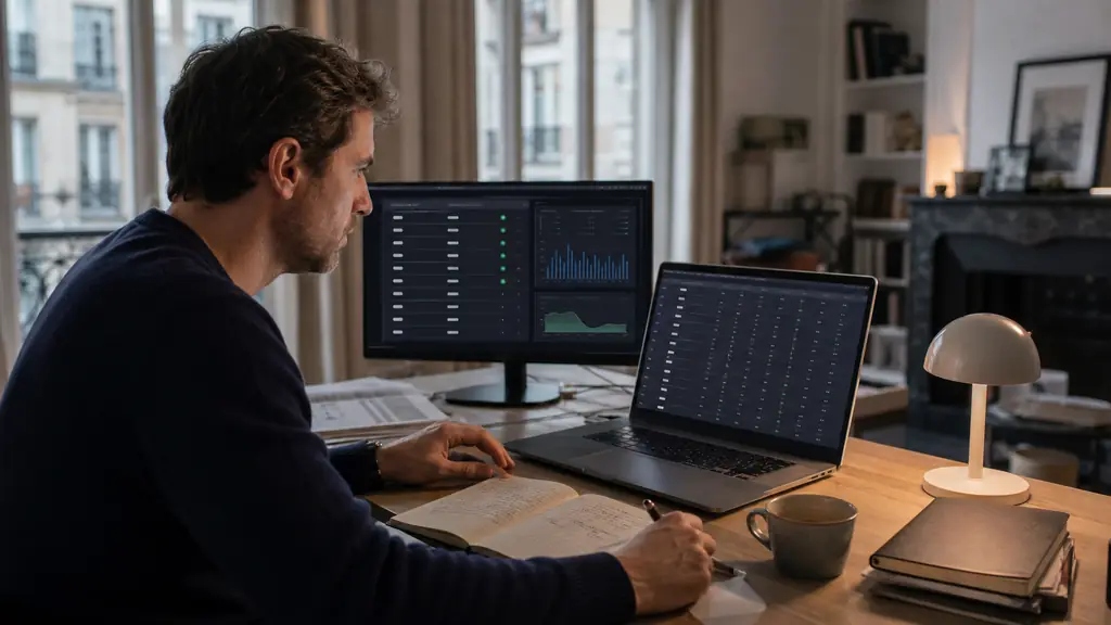 Trader comparant un tableau de neuf prop firms sur un portable, règles de drawdown vérifiées sur un second écran