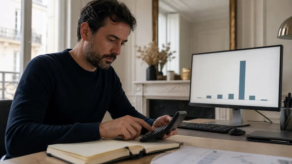 Trader avec une calculatrice près d'un journal de trading, un écran montrant une barre de profit dominante parmi des petites