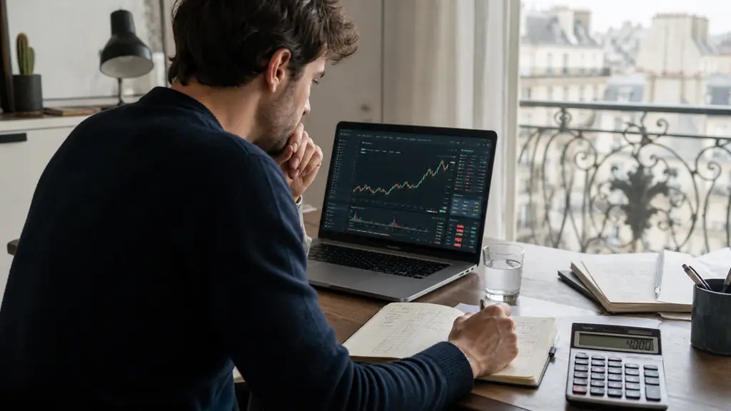 Trader examinant un dashboard de compte 50K près d'une calculatrice affichant 4000 et d'un carnet de profits quotidiens