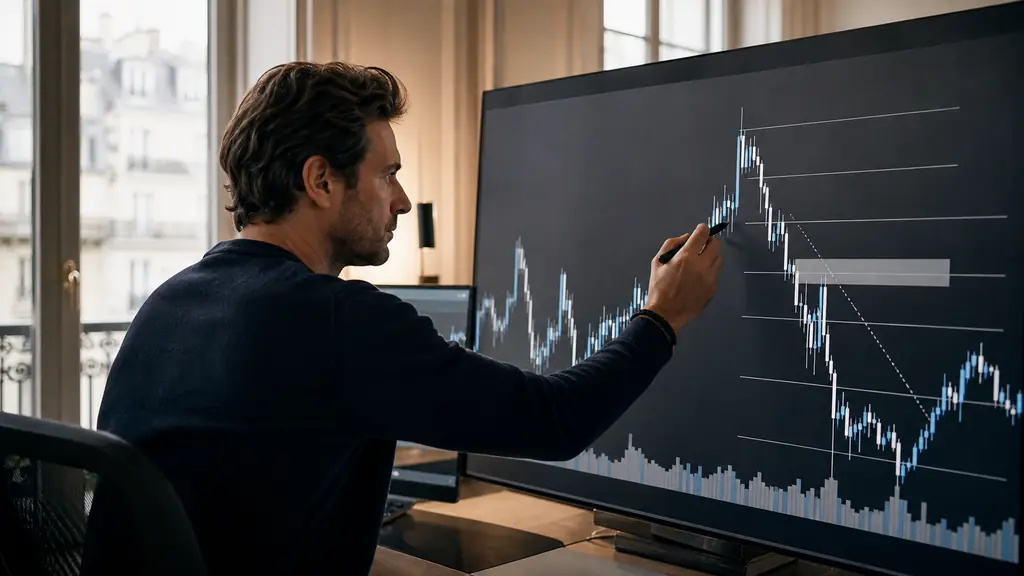 Trader traçant un retracement de Fibonacci sur un graphique avec balayage de liquidité et déséquilibre de prix