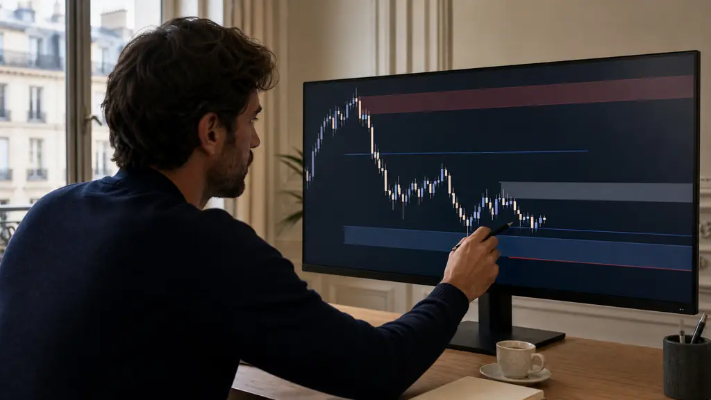 Trader marquant la session asiatique et les pools de liquidité, avec un stop-loss sous un retest de Fair Value Gap