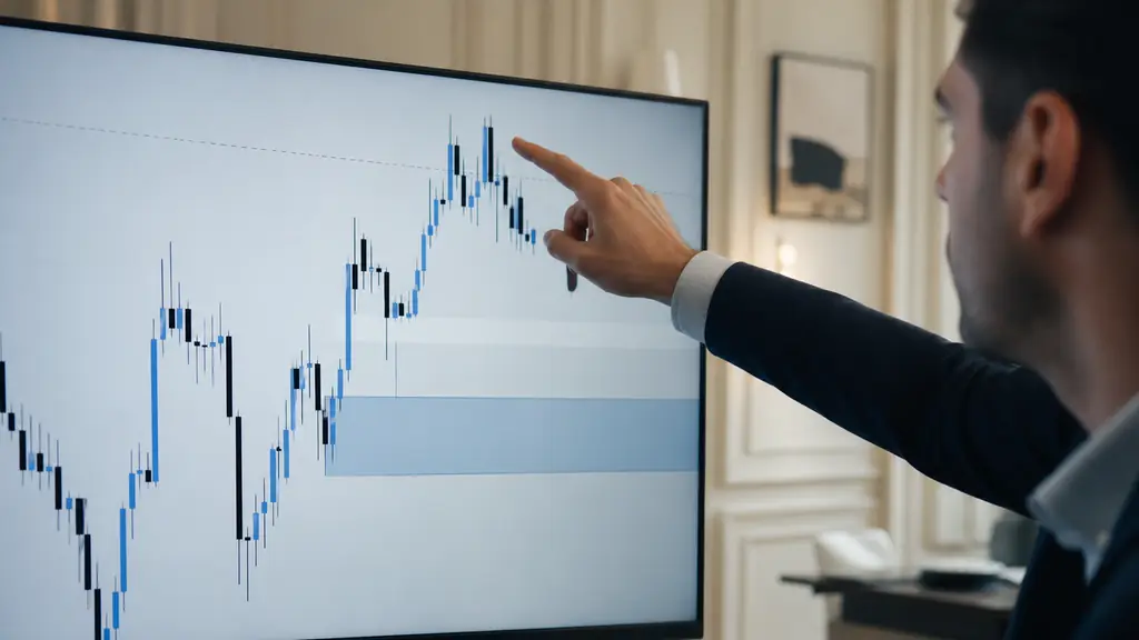 Gros plan d'un trader pointant un graphique avec plus haut balayé, zone d'order block surlignée et gap de prix non comblé