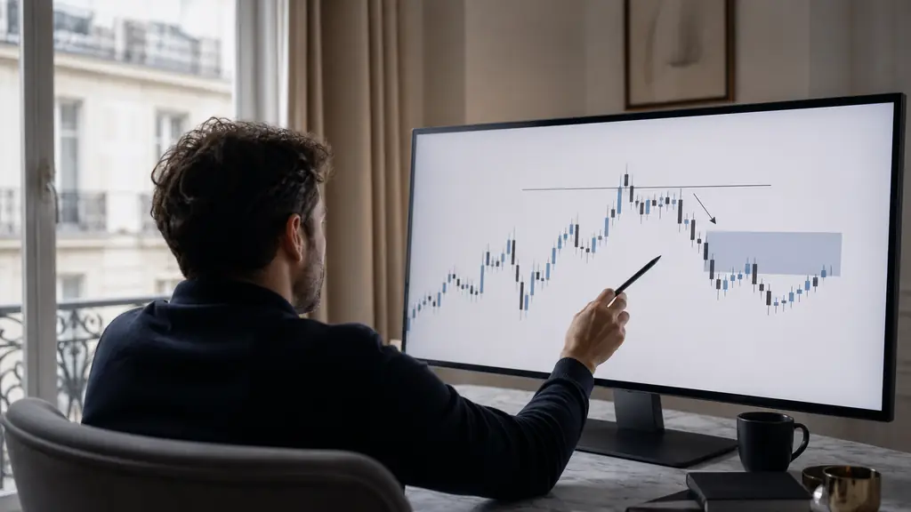 Trader vu de dos marquant un plus haut balayé, une cassure de structure et une zone de retracement de fair value gap