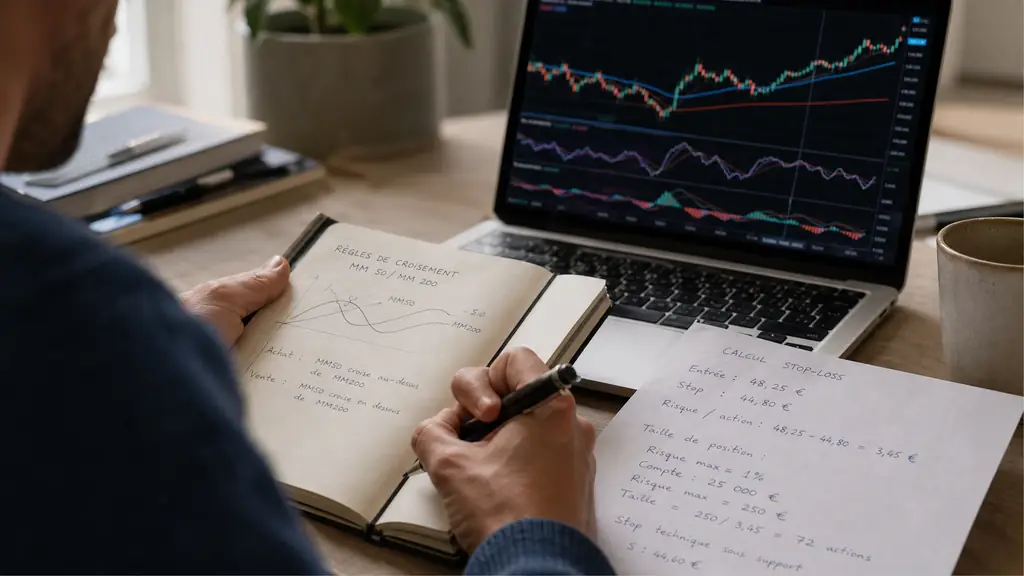 Trader esquissant des règles de croisement de moyennes mobiles près des graphiques RSI et MACD, stop-loss noté