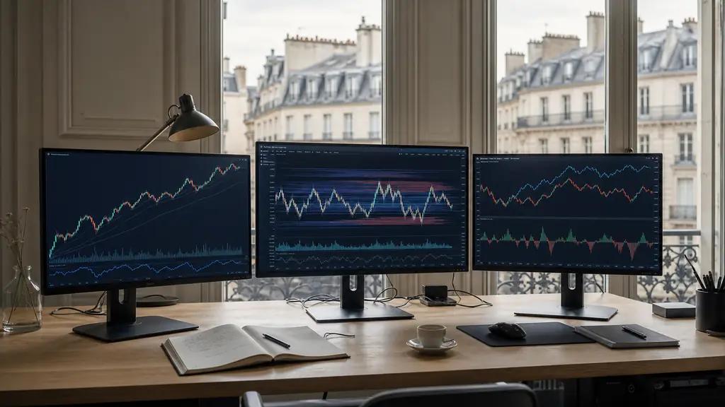 Bureau de trading affichant un graphique de momentum, une grille de range et un spread entre deux actifs