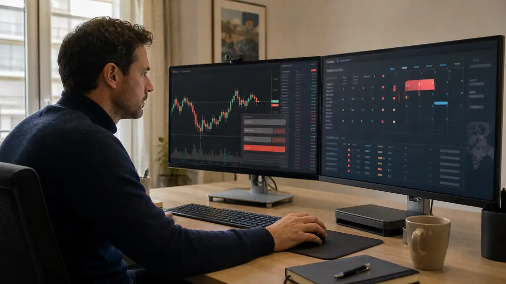 Trader suivant un graphique de l'or en une minute près d'un calendrier économique, ticket d'ordre stop loss ouvert