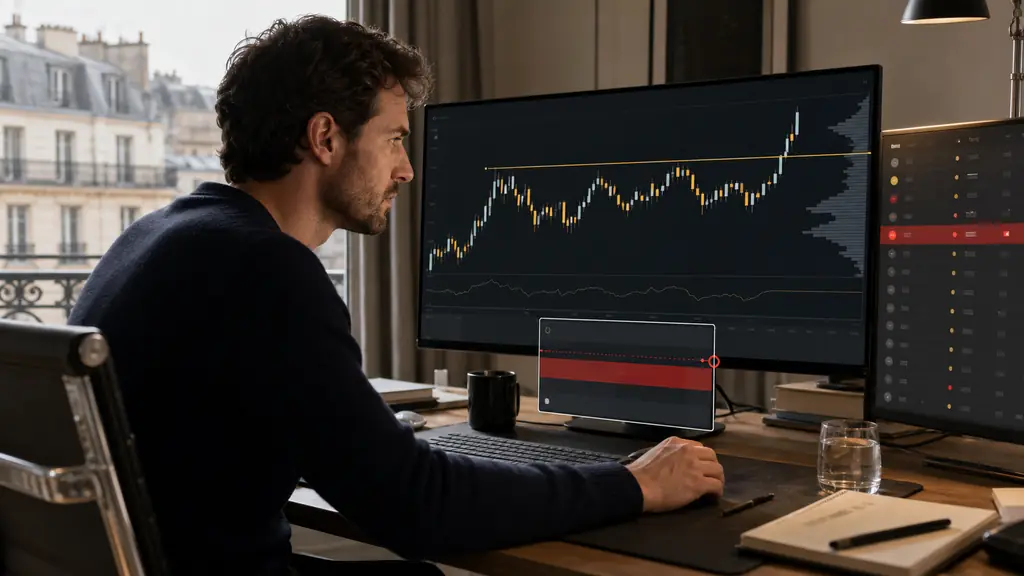 Trader regardant l'or franchir une résistance, calendrier économique sur l'emploi en évidence, stop loss préparé