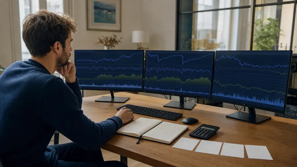 Trader forex à temps partiel devant trois écrans de courbes d'equity, calculatrice, carnet de risque et cartes mensuelles