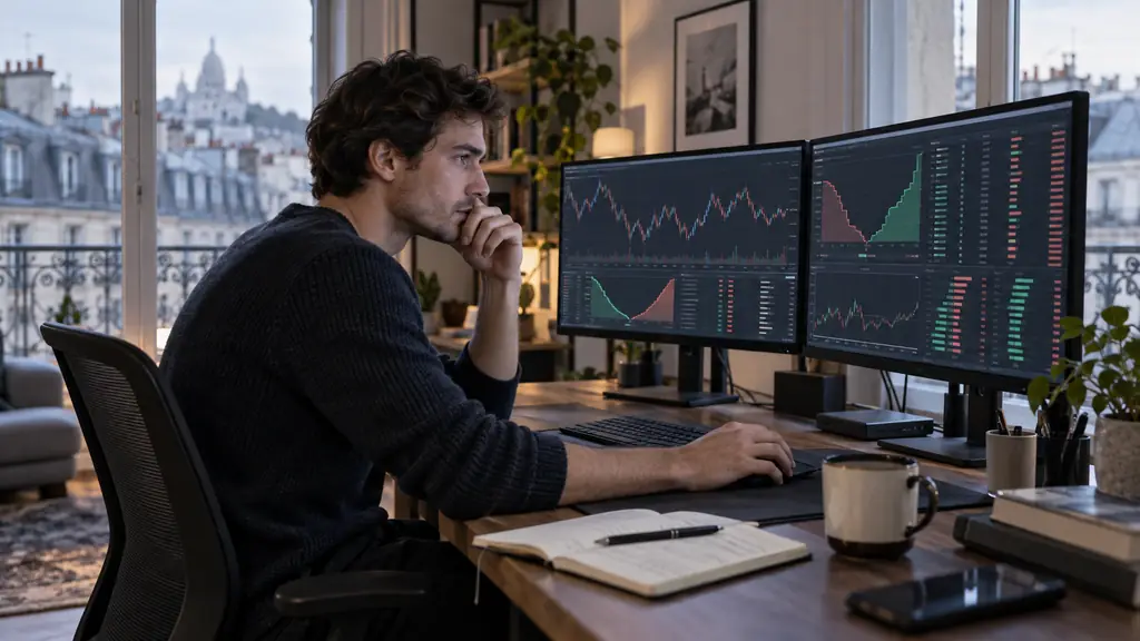 Trader comparant la profondeur du carnet d'ordres BTC et SOL sur deux écrans, frais spot et perpétuels vérifiés