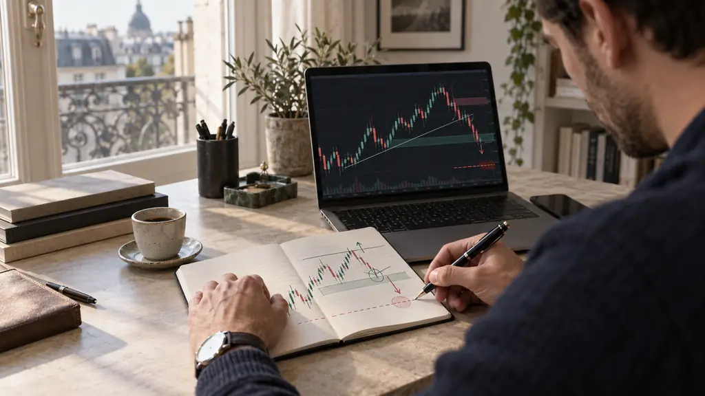 Trader crypto notant entrée, stop-loss et limite de perte quotidienne dans un journal papier près d'un graphique Bitcoin