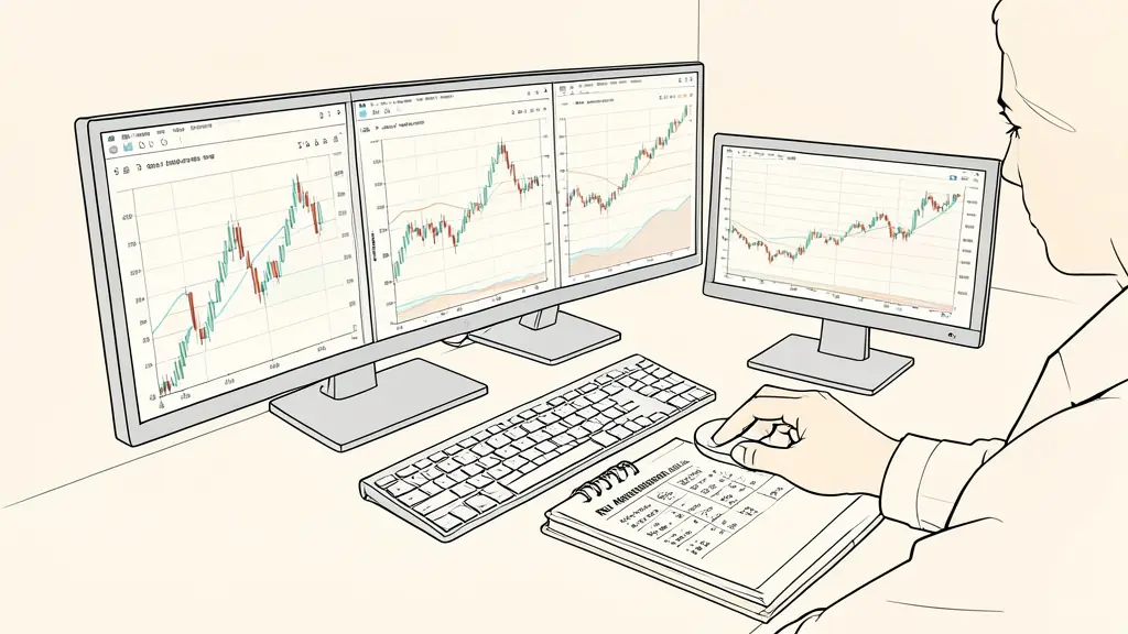 Poste de trading avec plusieurs écrans de chandeliers, une main sur la souris et un carnet de calculs de risque
