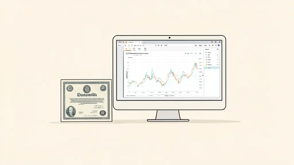 Certificat d'action papier, graphique CFD sur un écran et dashboard de trading simulé