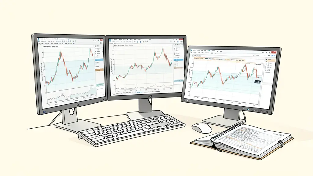 Espace de trading à plusieurs écrans de graphiques, avec un tableur de gestion du risque et un journal de trading