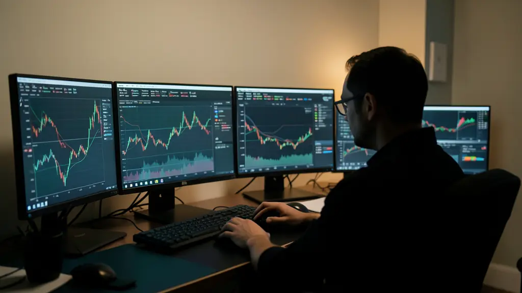Bureau de trading à plusieurs écrans de graphiques crypto, avec la silhouette d'un trader dans une pièce sombre