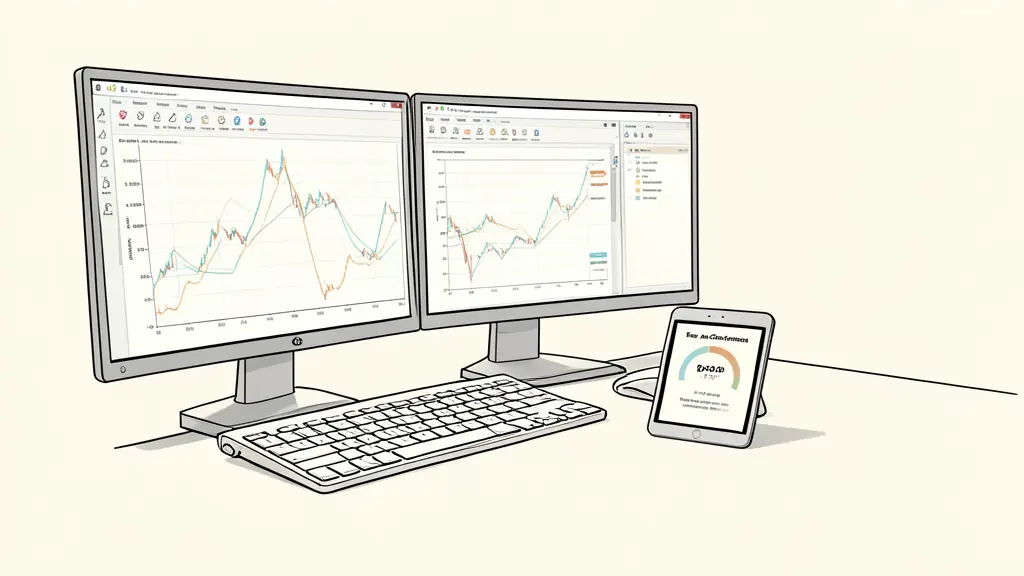 Bureau de trader avec écrans de graphiques techniques et petite tablette affichant une jauge de sentiment Fear and Greed