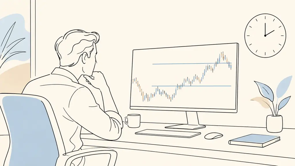 trader at a desk viewing a 15-minute index chart with two horizontal opening-range levels and a timezone clock beside the monitor, no visible text or logos