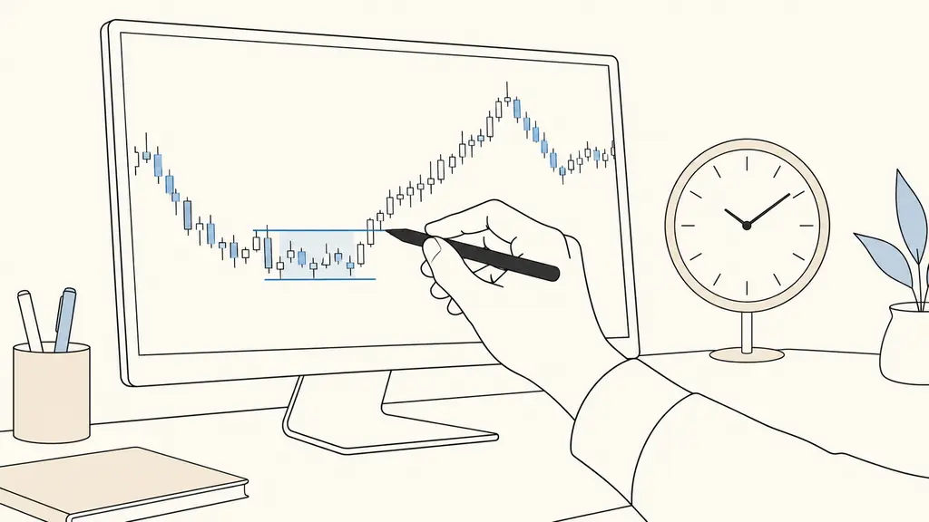 close-up of a trader drawing two horizontal levels around the 15:30 to 15:45 opening window on an index chart, with a timezone clock beside the monitor, no text or logos