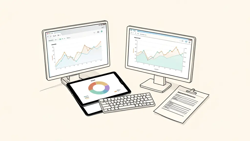 Bureau de trading avec matrice de risque colorée sur tablette, graphiques corrélés sur écrans et checklist d'urgence