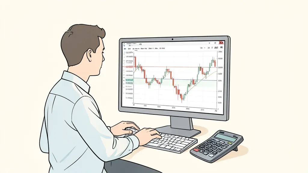 Trader forex face à un ticket d'ordre EUR/USD et un graphique montrant un mouvement de vingt pips, calculatrice au clavier