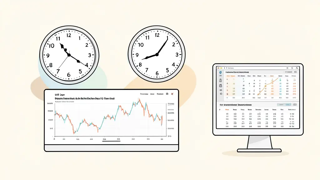 Bureau de trading avec trois horloges pour les sessions asiatique, européenne et américaine, calendrier économique