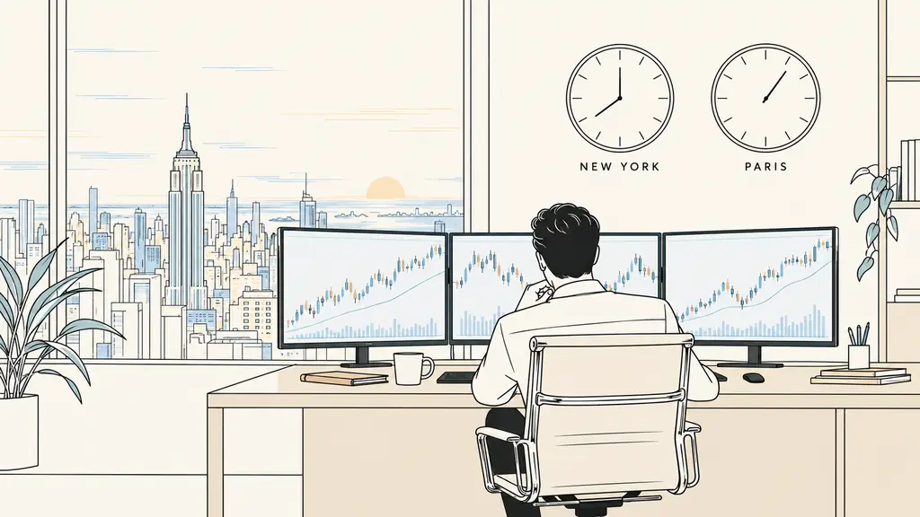 Bureau de trading américain avec horloges de New York et de Paris, graphique de futures sur plusieurs écrans