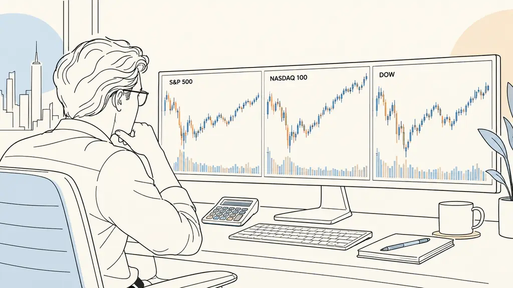 Trader comparant les graphiques du S&P 500, du Nasdaq 100 et du Dow Jones, calculatrice de risque près du clavier