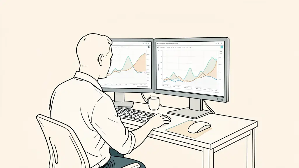 Trader examinant une courbe d'equity sur deux écrans, avec un pic et un creux bien visibles, à son bureau