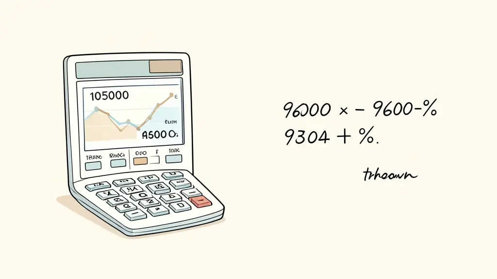 Calculatrice près d'un écran de trading montrant un pic à 105 000 euros et un creux à 96 000, calcul en pourcentage