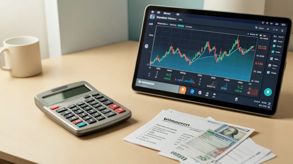 Calculatrice près d'un dashboard de trading, relevé de retrait et notes de conversion de devises sur un bureau