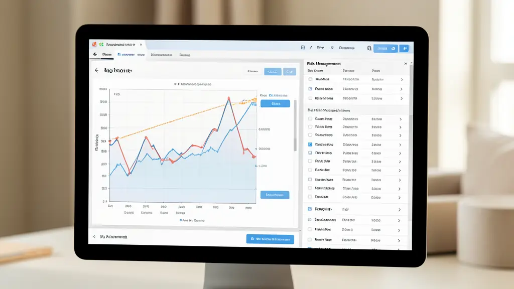 Gros plan d'un dashboard de trading avec courbe de solde et liste de règles de gestion du risque dans un panneau latéral