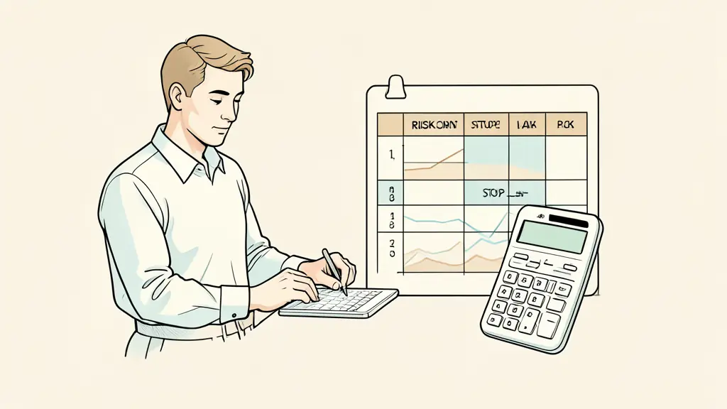 Trader calculant sa taille de position près d'un tableau de risque, avec un graphique de stop-loss et une calculatrice