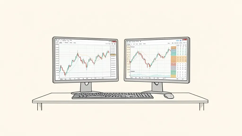Bureau de trading avec chandeliers journaliers et 4 heures sur deux écrans, calendrier économique en blocs colorés