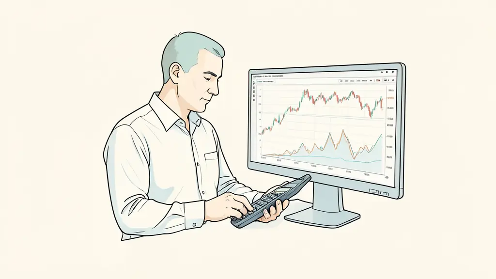 Trader vérifiant sa taille de position à la calculatrice, graphique de risque et écrans de marché en arrière-plan