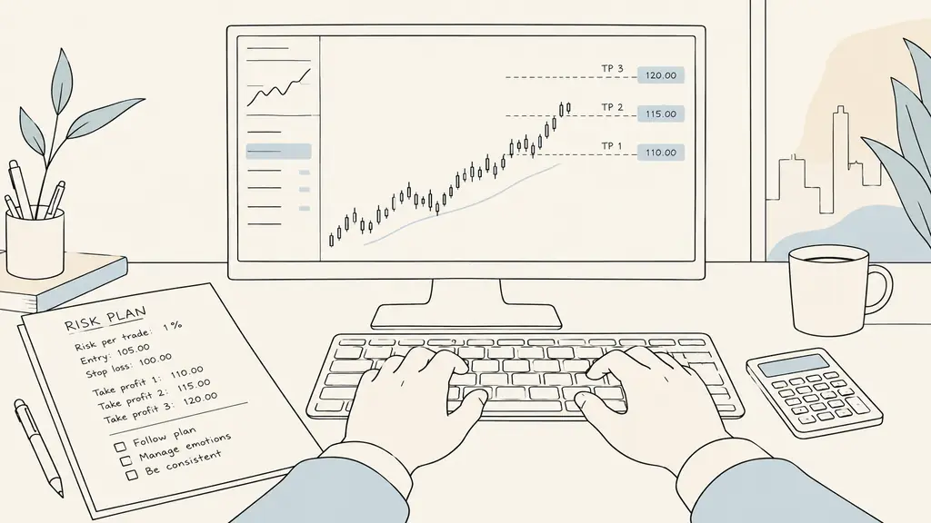 Gros plan d'un trader plaçant trois ordres de prise de profit échelonnés, plan de risque et calculatrice au clavier
