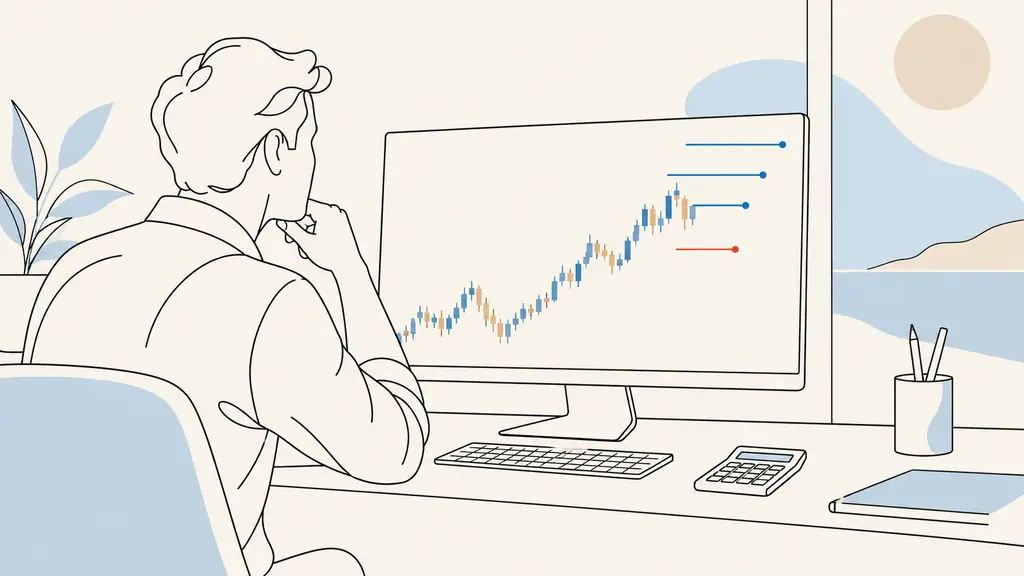 Trader examinant un graphique avec trois lignes d'objectifs échelonnées, un stop et une calculatrice près du clavier